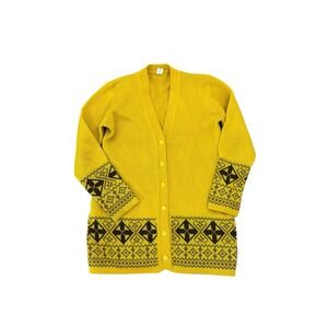 Vtg 70s Women's Cardigan Mustard Yellow Brown Geometric Pattern Sz M Boho‎